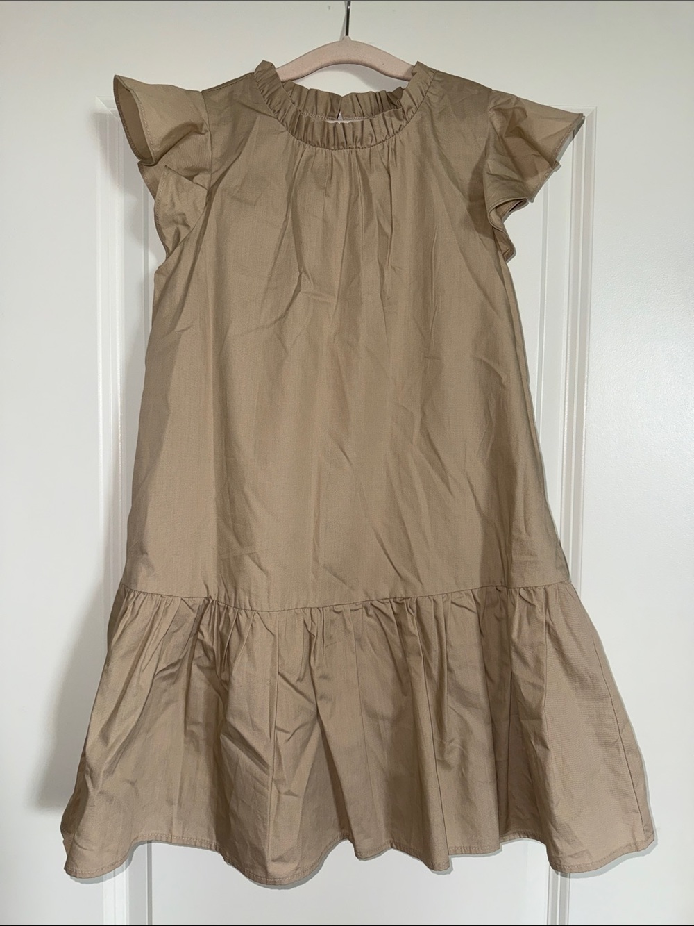 GB Girls' Ruffle Sleeve Lined Dress in Tan Taupe School Uniform Lightweight Sz S
